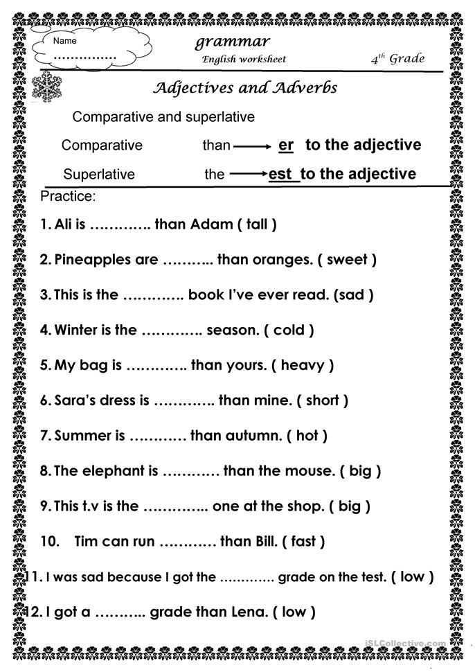 Adjectives Worksheets For Grade 12