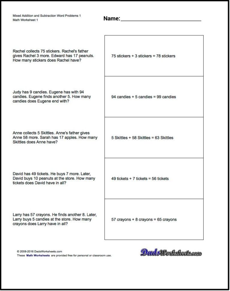 Mixed Addition And Subtraction Worksheets For Grade 3