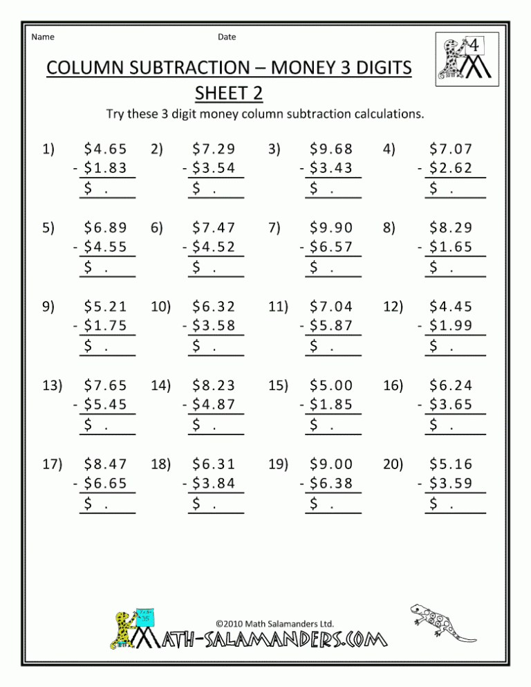 Printable Subtraction Worksheets For Grade 4