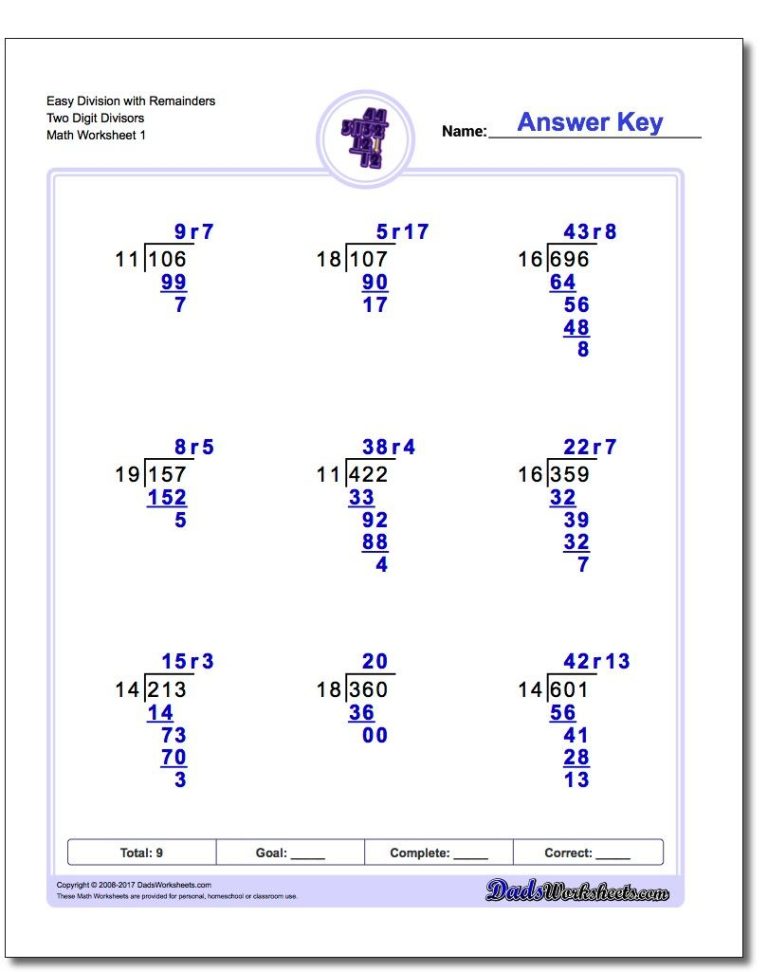 Long Division Worksheets With Remainders Pdf