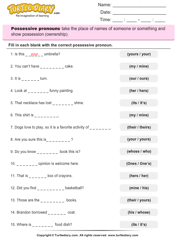 Possessive Pronouns Worksheets For Grade 3 Pdf