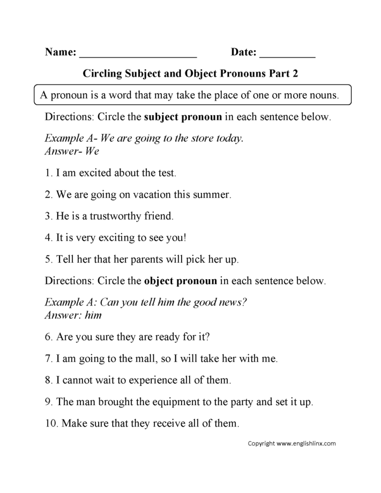 3rd Grade Object Pronouns Worksheet