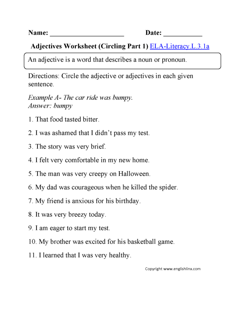 4th Grade Adjectives Worksheets For Grade 4