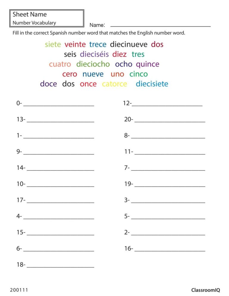 Spanish Worksheets For Kids Numbers