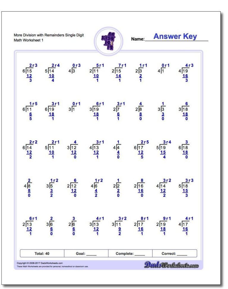 7th Grade Long Division Worksheets With Answers