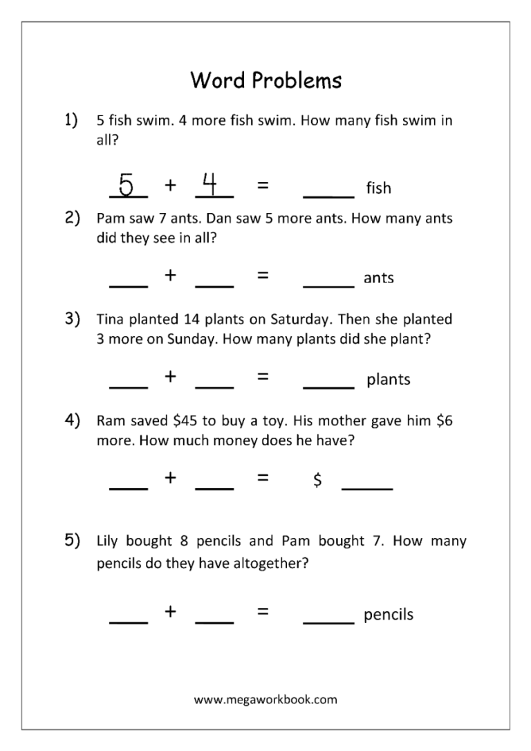 Printable First Grade Math Word Problems Worksheets