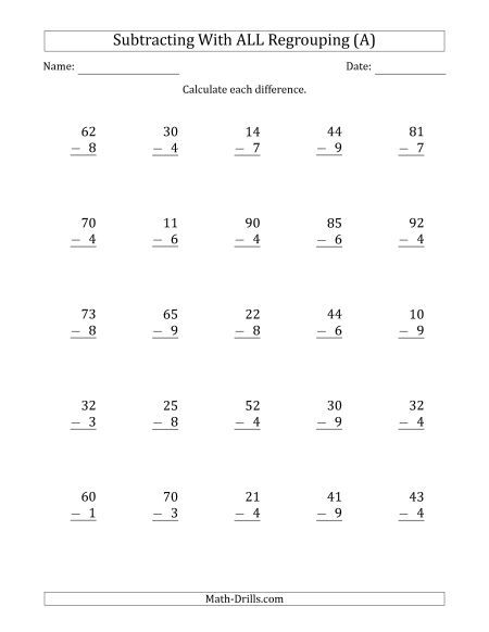 Double Digit Subtraction Worksheets With Regrouping