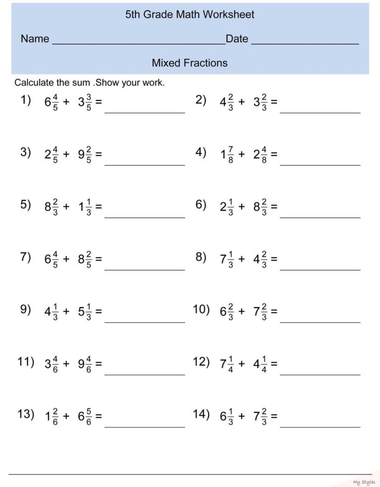 Fractions Worksheets Grade 5 Word Problems