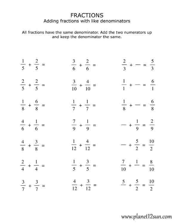 Adding Fractions Worksheets With Answers