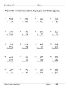 Subtraction 3rd Grade Math Worksheets Pdf