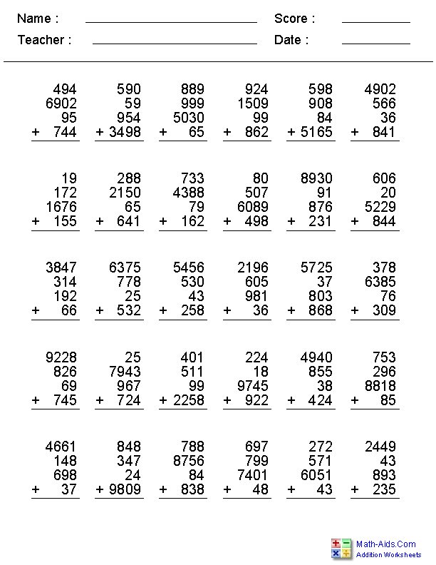 Math Worksheets Grade 4 Addition