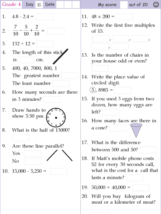 4th Grade Mental Math Worksheets Grade 4