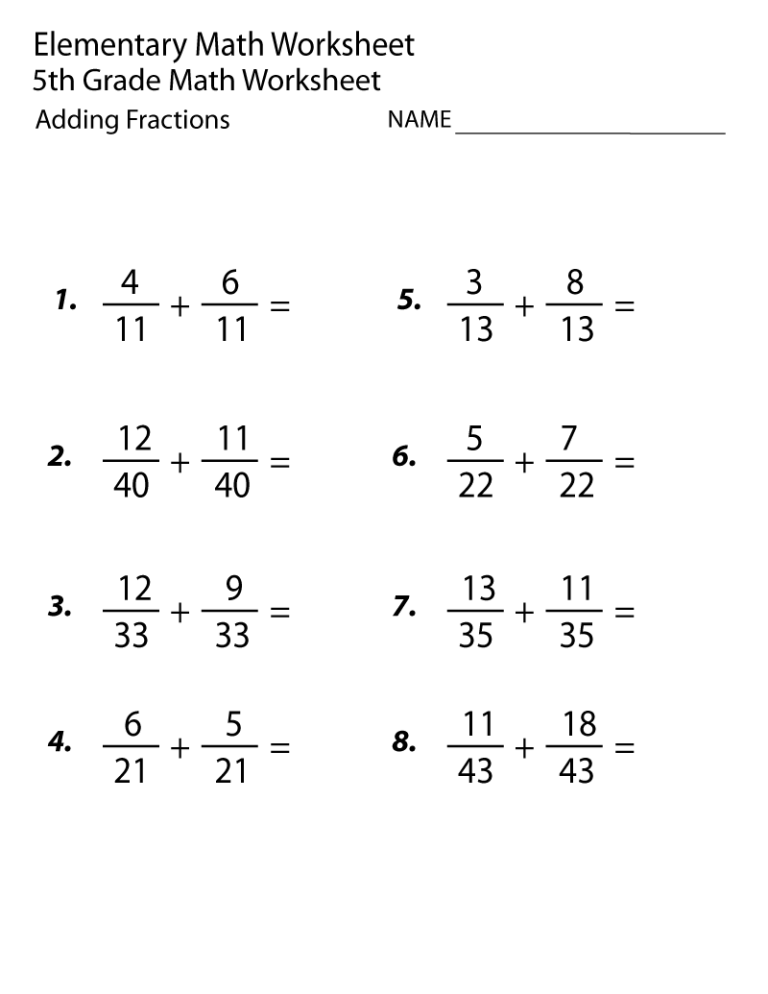 Printable Fractions Worksheets Grade 5