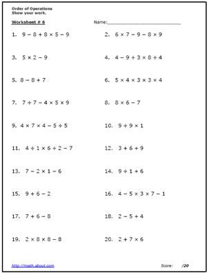 Math Worksheets Grade 5 Order Of Operations