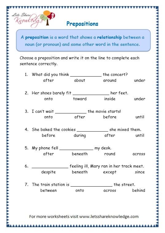 English Worksheets For Grade 3 Prepositions