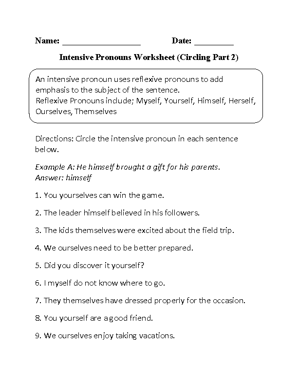 Reflexive Pronouns Worksheet Grade 6