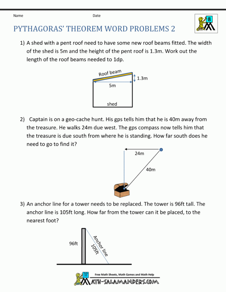 Pythagorean Theorem Problems Worksheet With Answers