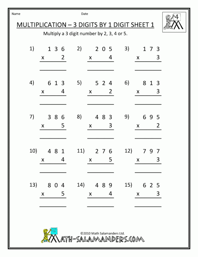 Multiplication Worksheets Grade 4 3 Digits