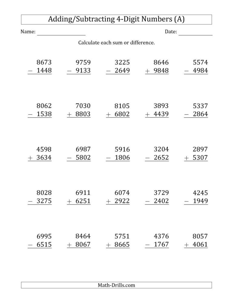 4 Digit Addition Worksheets For Grade 3