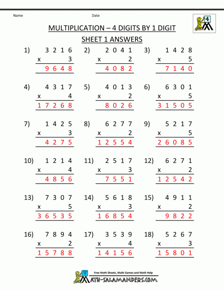 Multiplication Worksheets Grade 4 Free