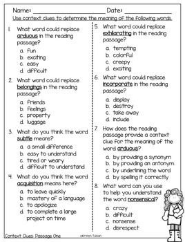 Context Clues Worksheets 4th Grade Multiple Choice