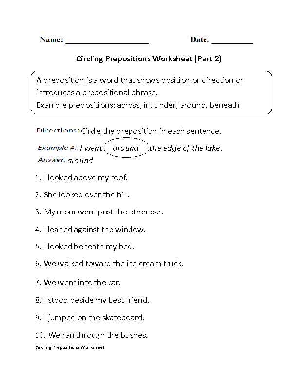 English Worksheets For Grade 2 Prepositions