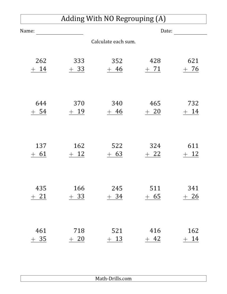 Addition Worksheets For Grade 2 3 Digits