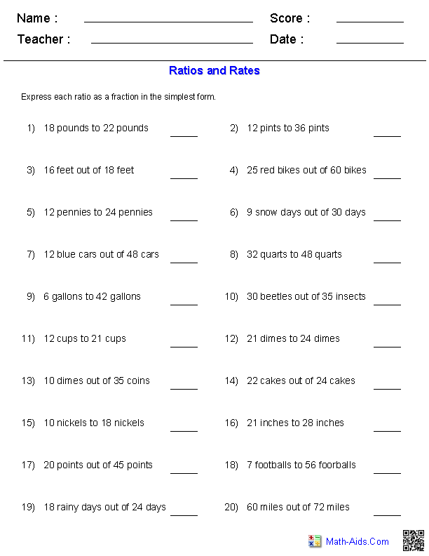 6th Grade Math Ratios And Proportions Worksheets