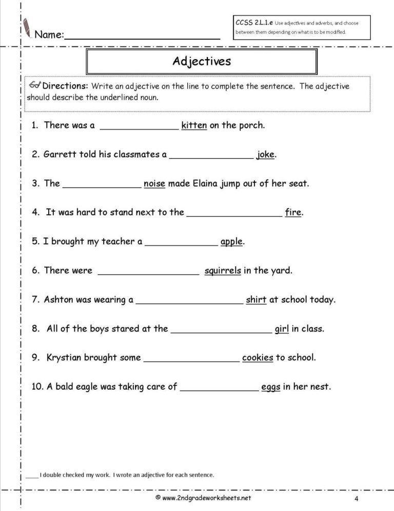 Adjectives Worksheets For Grade 4 With Answers