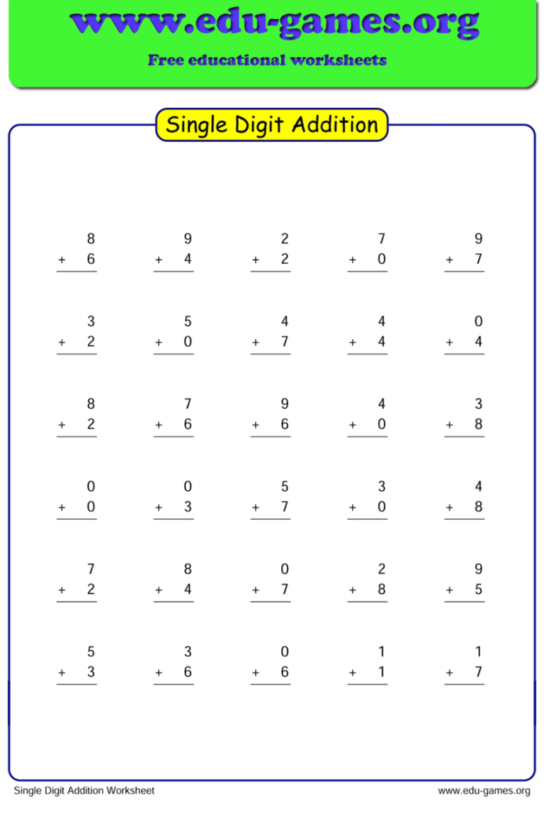 Single Digit Addition Worksheets With Pictures