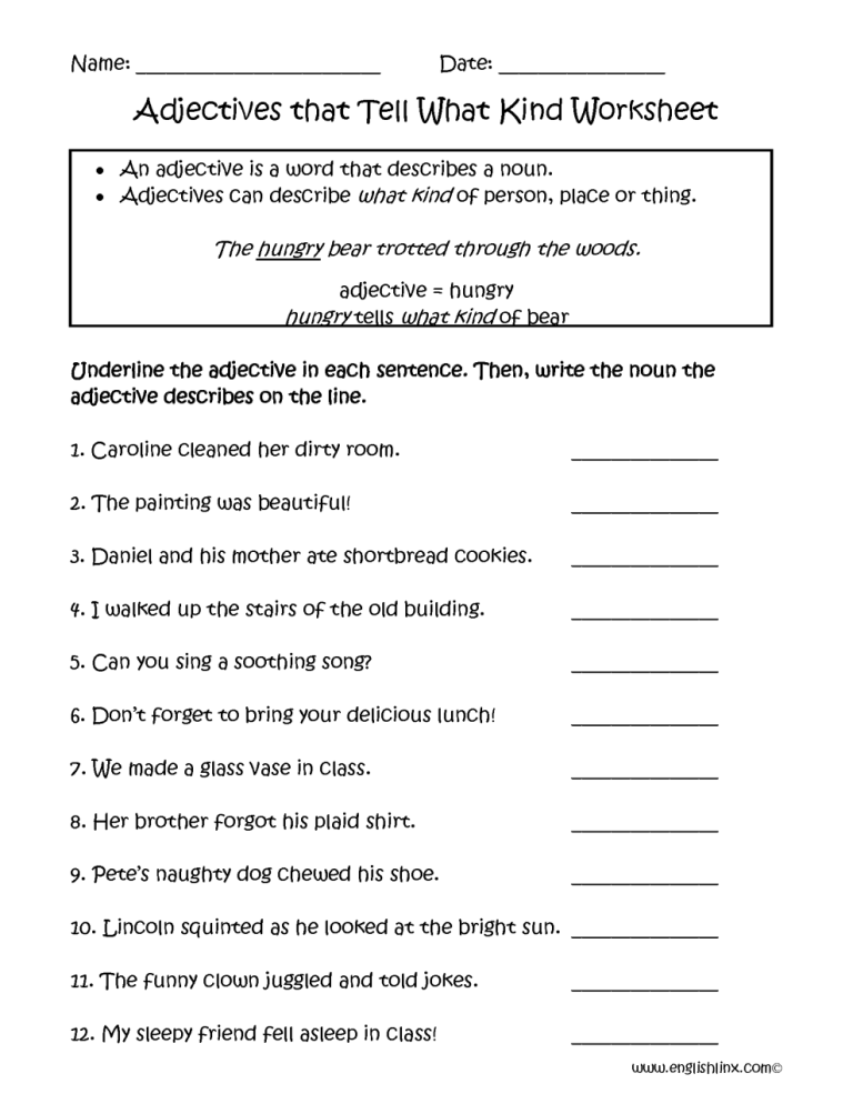 Printable Adjectives Worksheets For Grade 4