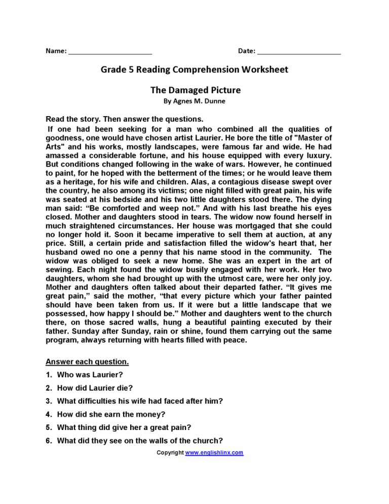 Reading Comprehension Worksheets Pdf Grade 5