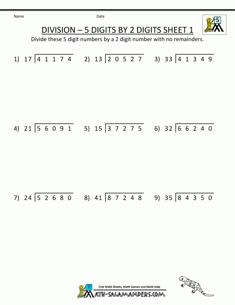 Math Worksheets Grade 5 Long Division