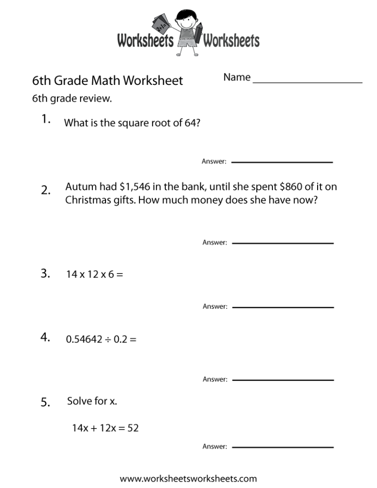 6th Grade Math Worksheets Free Printable With Answers