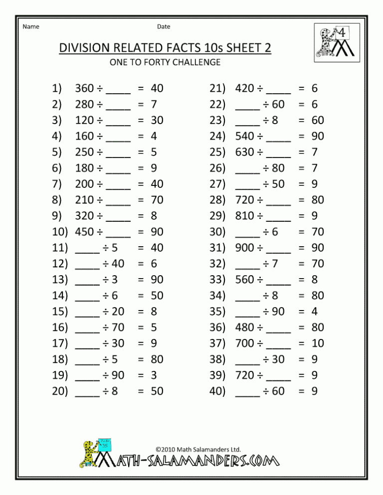 4th Grade Math Worksheets Printable Free