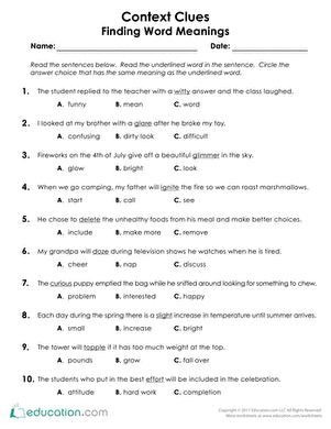 Context Clues Antonyms Worksheets 4th Grade