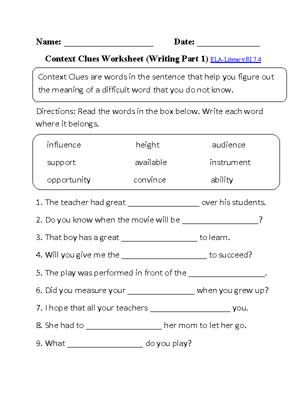 Context Clues Worksheets 7th Grade Multiple Choice