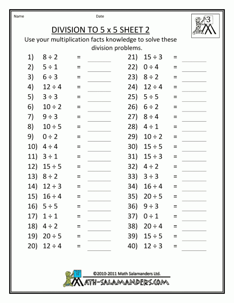 5th Grade Year 5 Times Tables Worksheets