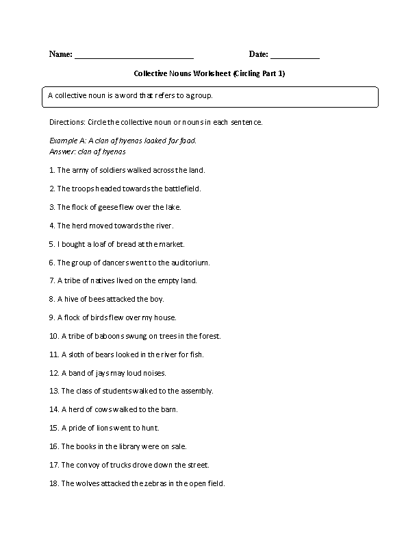 Collective Nouns Worksheet Pdf