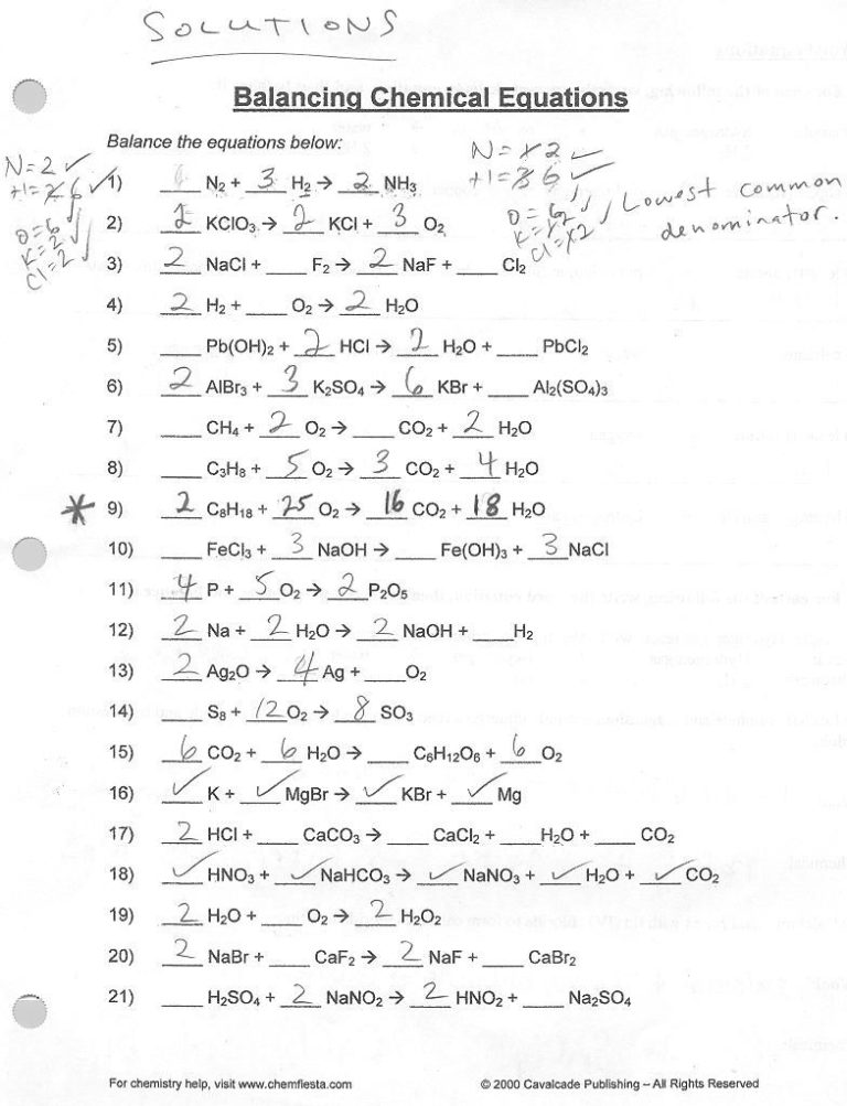 Simple Balancing Equations Worksheet With Answers