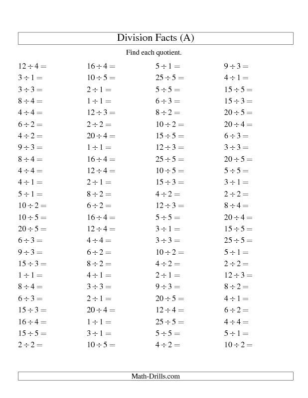 Math Drills Division Facts