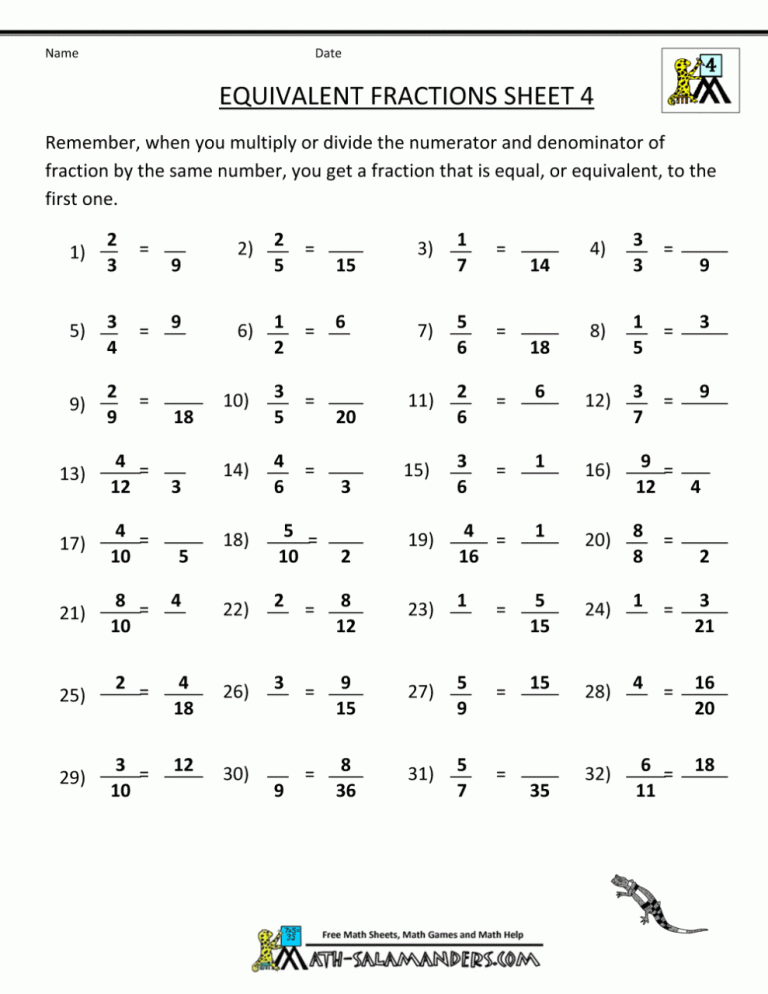 Math Worksheets Grade 4 Fractions