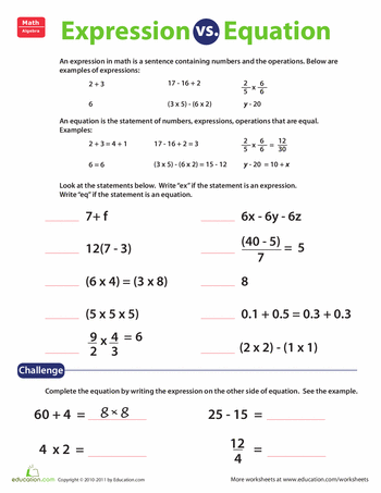 Math Algebra Worksheets Grade 6