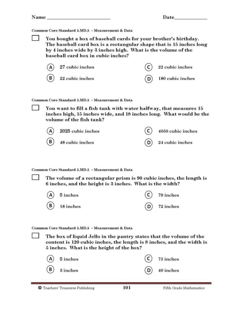 5th Grade Common Core Math Worksheets