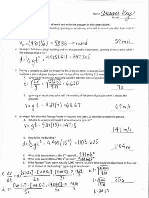 Physics Worksheet B Free Fall Answers