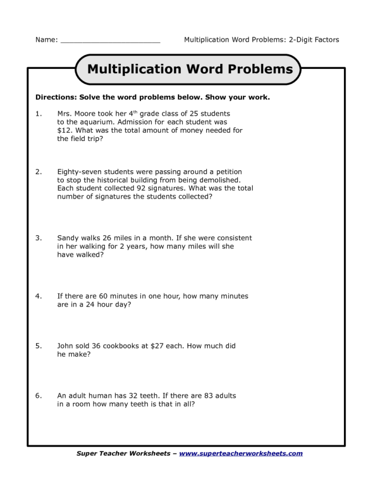 Multiplication Word Problems Grade 5 With Answers