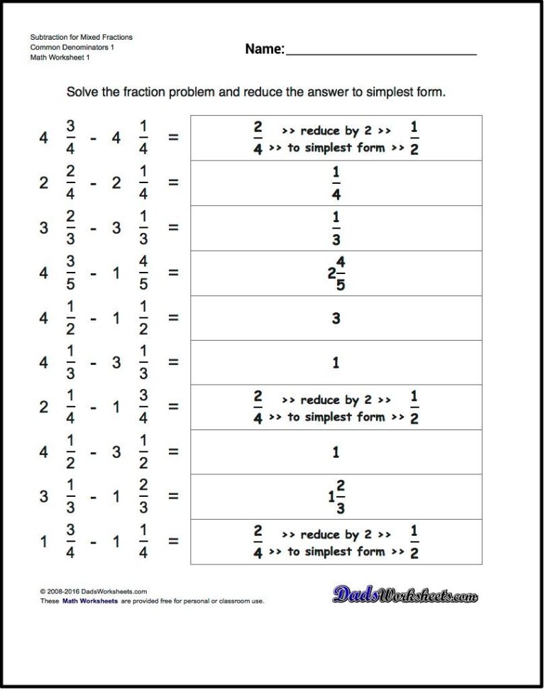 Subtracting Fractions Worksheets Pdf