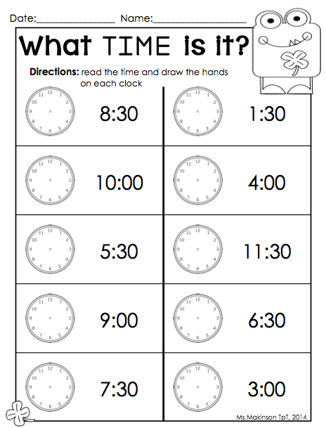 Printable Kindergarten Telling Time Worksheets