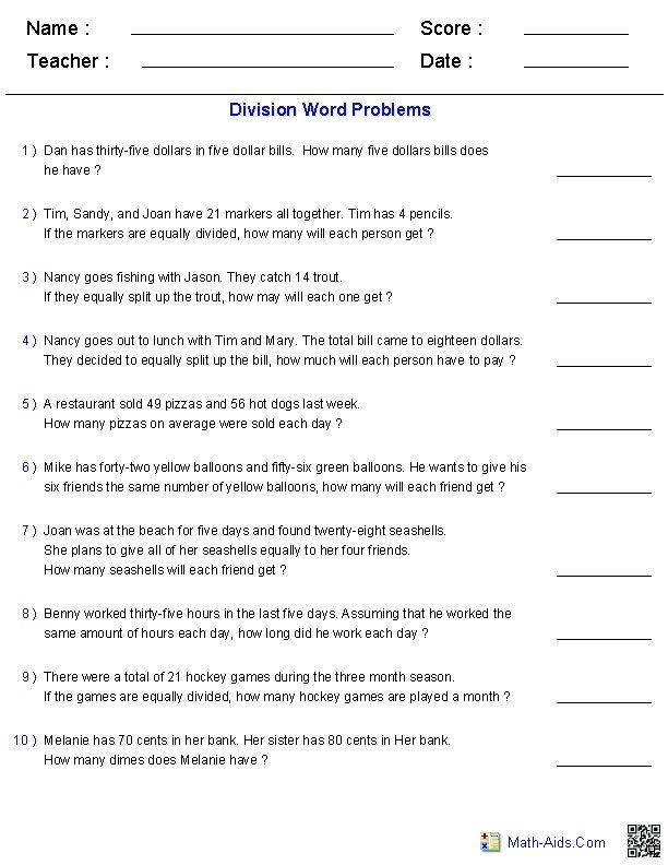 Division Worksheets Grade 5 Word Problems