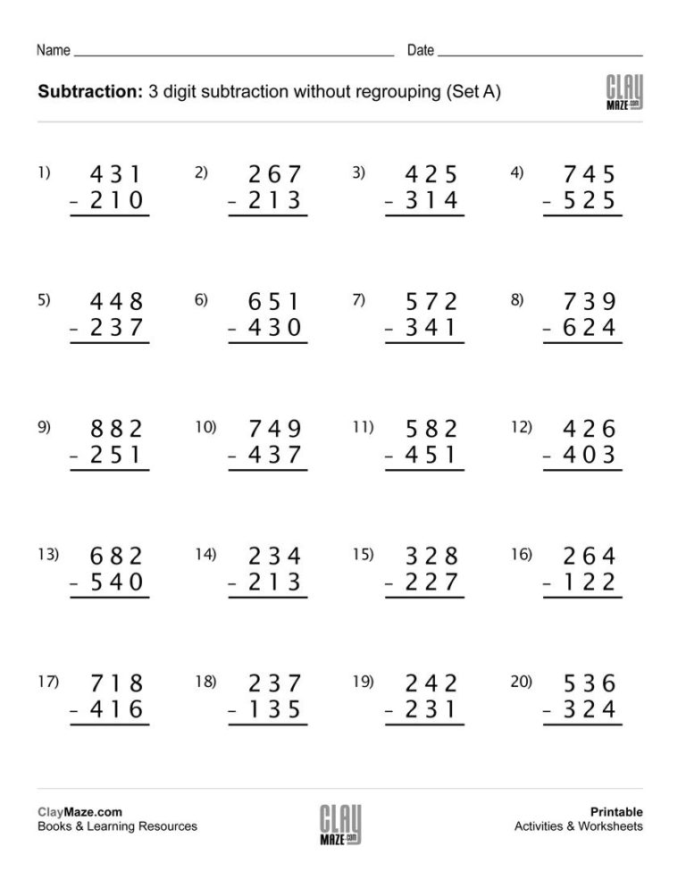 Subtraction Free Math Worksheets For 3rd Grade